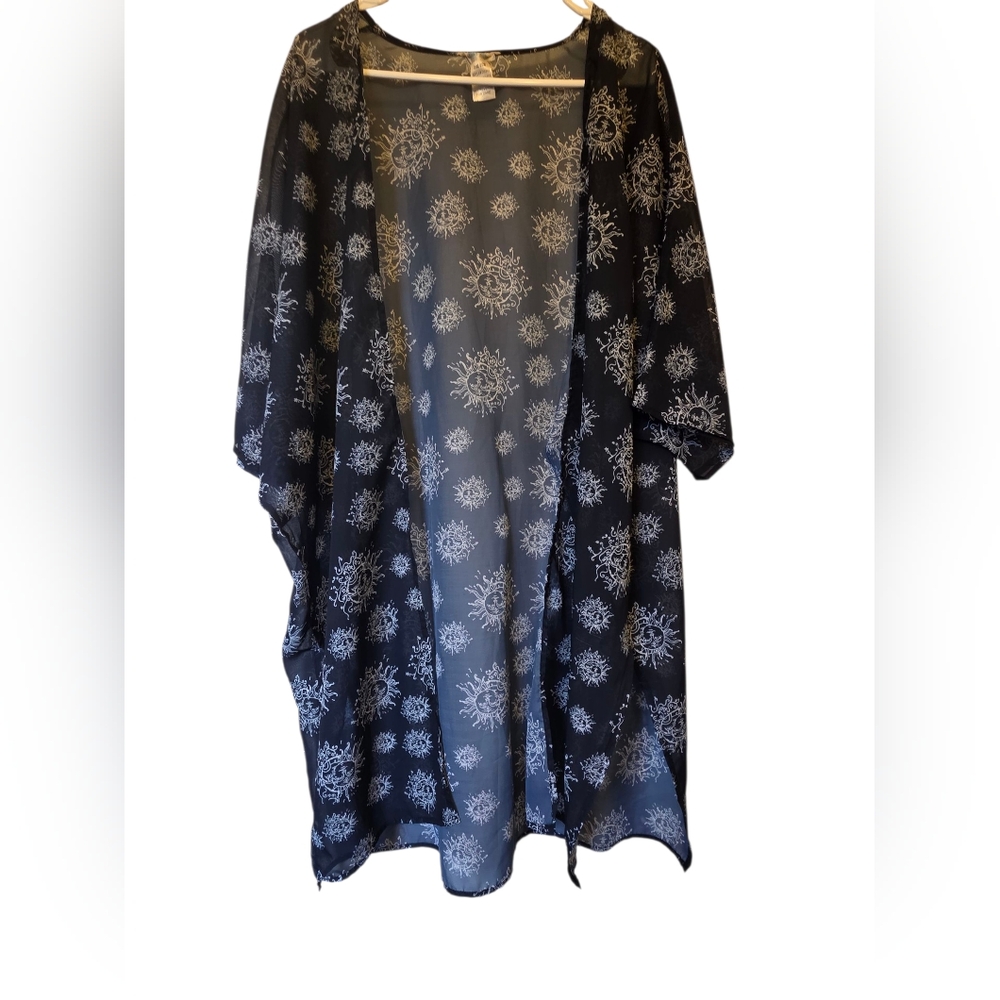 I Heart Raves Sheer Black Celestial Themed Print Duster OS EUC